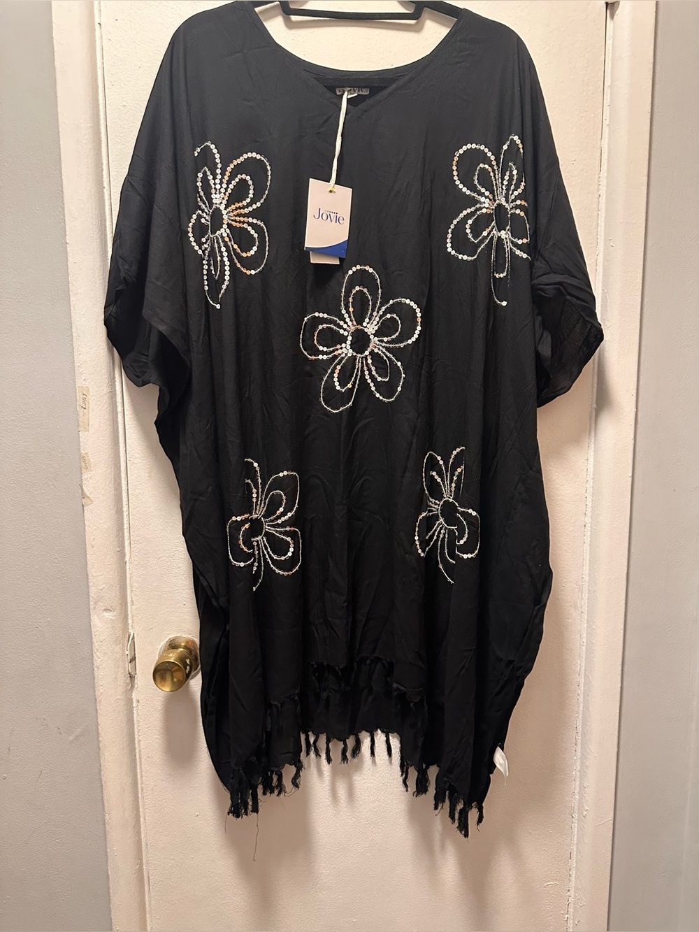 Jovie Black Poncho Swim Coverup Sequin Floral Embroidered Fringe One Size Boho